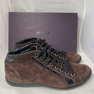 Prada Men's Brown Suede Sneakers with Black Trim